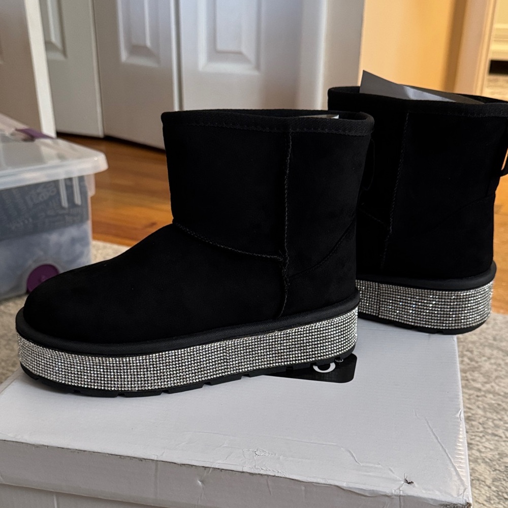 Black Suede Ankle Boots with Rhinestone Accents